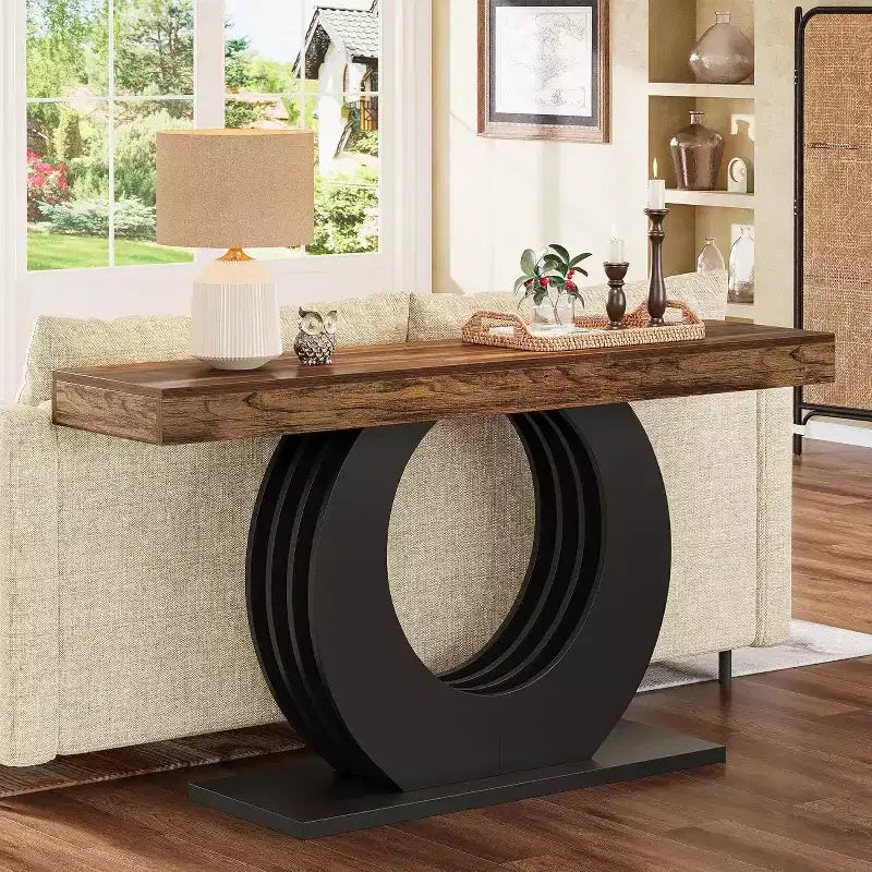 Console Lantine de 63 pouces, table d'entrée rustique industrielle de style ferme avec base circulaire noire pour le salon, le couloir, marron rustique