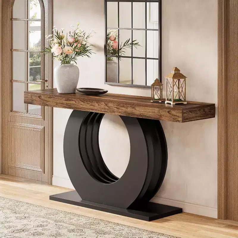Console Lantine de 63 pouces, table d'entrée rustique industrielle de style ferme avec base circulaire noire pour le salon, le couloir, marron rustique