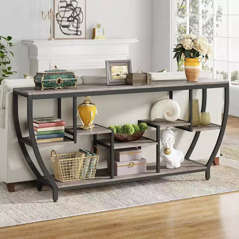 Lantine 70.9-Inch Long Sofa Table with Shelves, Rustic Industrial Console Table and TV Stand for Living Room, Hallway, Foyer, Grey