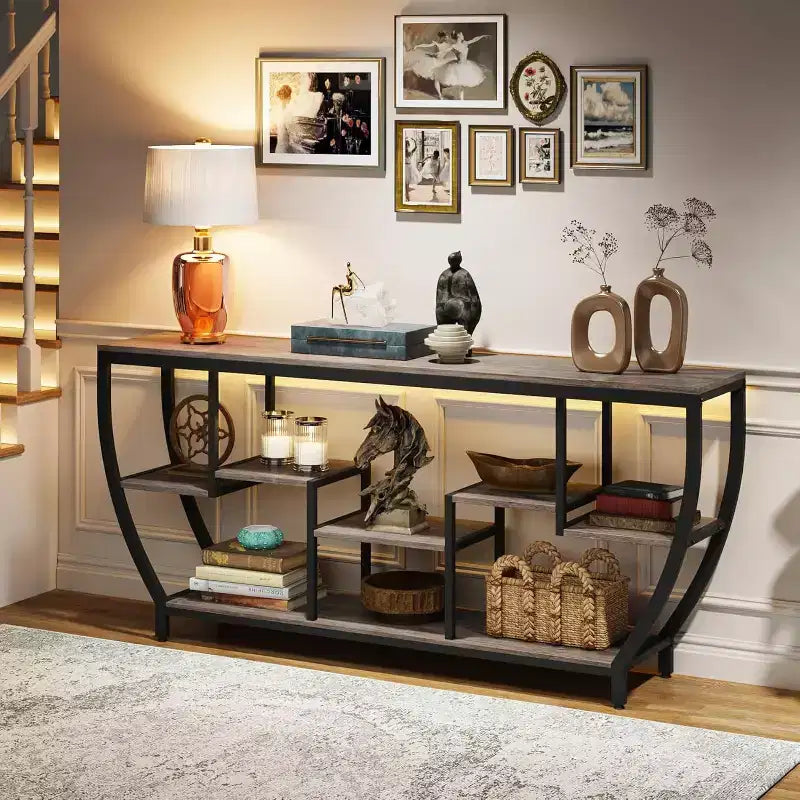 Lantine Table console longue de 180 cm avec étagères, table console industrielle rustique et meuble TV pour salon, couloir, entrée, gris