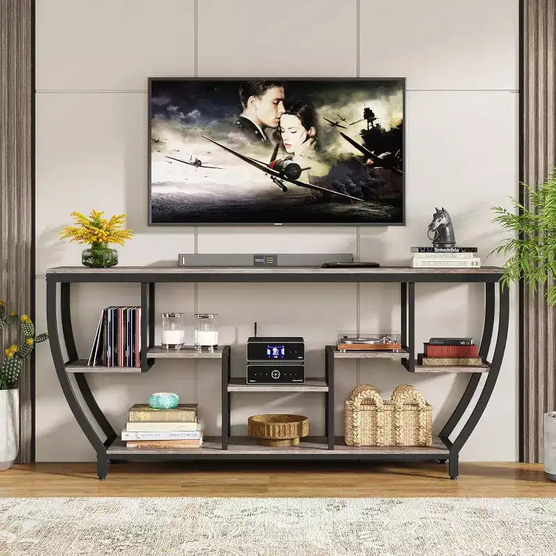 Lantine Table console longue de 180 cm avec étagères, table console industrielle rustique et meuble TV pour salon, couloir, entrée, gris