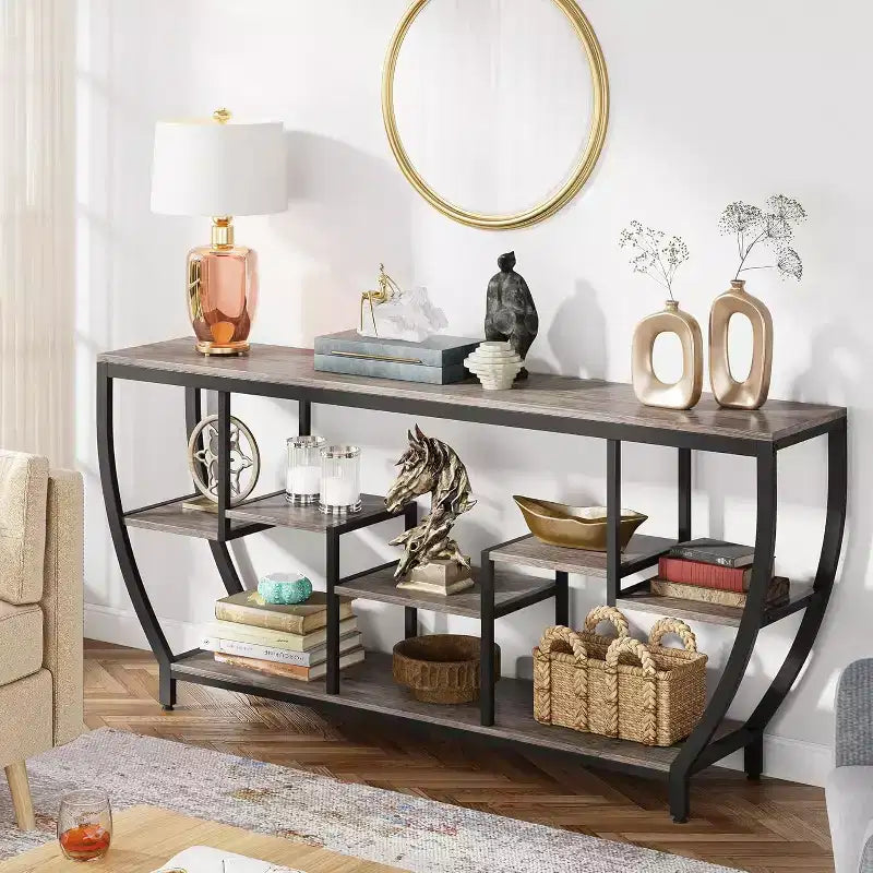 Lantine Table console longue de 180 cm avec étagères, table console industrielle rustique et meuble TV pour salon, couloir, entrée, gris