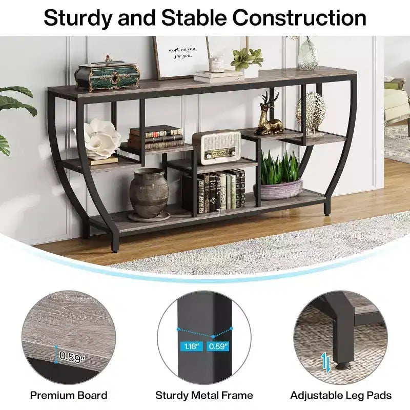 Lantine Table console longue de 180 cm avec étagères, table console industrielle rustique et meuble TV pour salon, couloir, entrée, gris