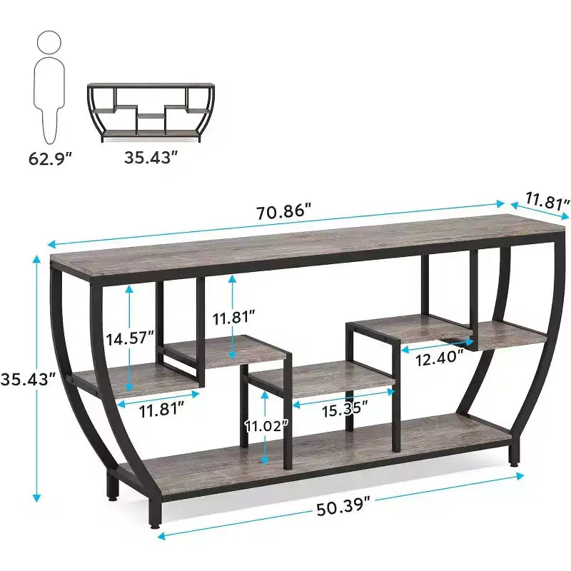 Lantine Table console longue de 180 cm avec étagères, table console industrielle rustique et meuble TV pour salon, couloir, entrée, gris