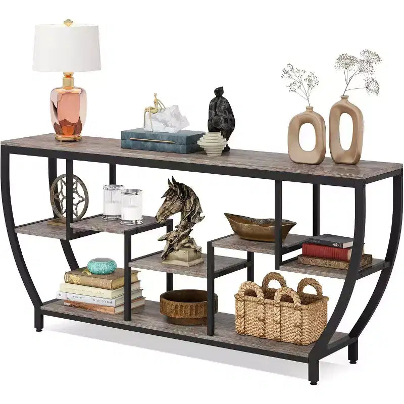 Lantine Table console longue de 180 cm avec étagères, table console industrielle rustique et meuble TV pour salon, couloir, entrée, gris