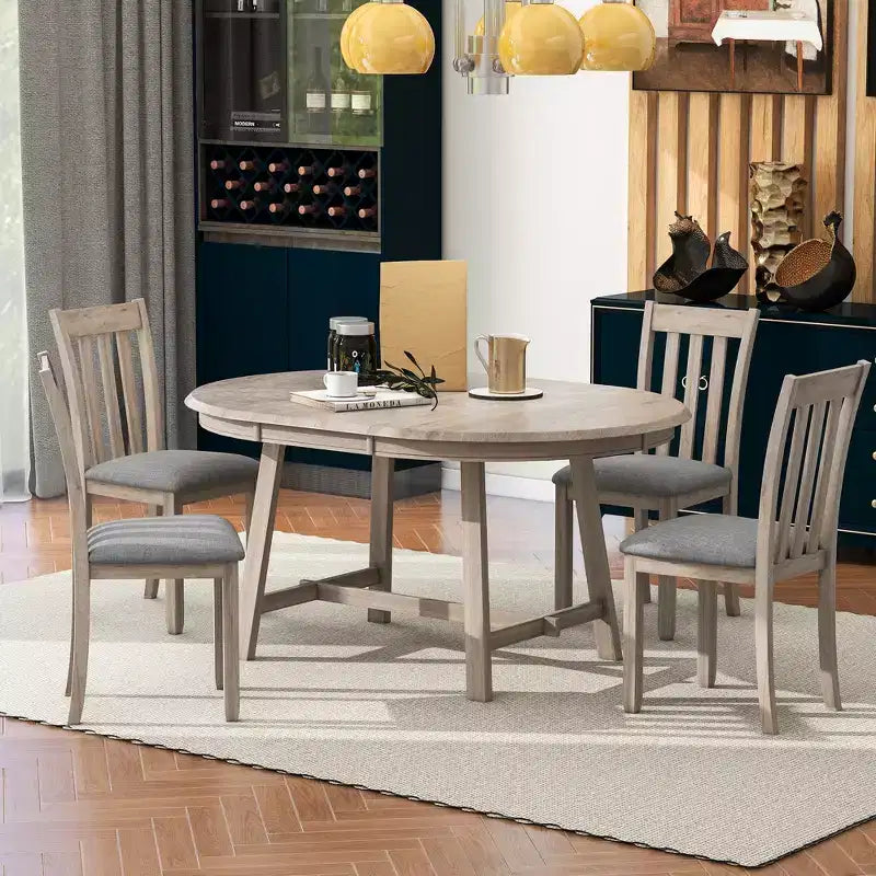 Ensemble table à manger ronde extensible, 5 pièces, table à manger en bois avec 4 chaises, ensemble de salle à manger pour 4 personnes