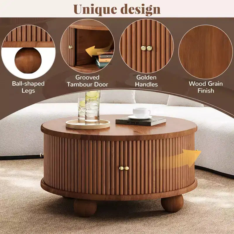 Table basse ronde de rangement rainurée JVNOXK de 31,8 pouces, en bois de pin massif, portes coulissantes, compartiments intérieurs spacieux, durable, finition noyer