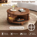 Table basse ronde de rangement rainurée JVNOXK de 31,8 pouces, en bois de pin massif, portes coulissantes, compartiments intérieurs spacieux, durable, finition noyer