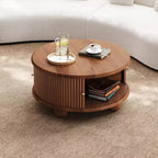 Table basse ronde de rangement rainurée JVNOXK de 31,8 pouces, en bois de pin massif, portes coulissantes, compartiments intérieurs spacieux, durable, finition noyer