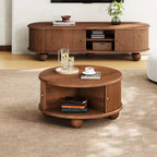 Table basse ronde de rangement rainurée JVNOXK de 31,8 pouces, en bois de pin massif, portes coulissantes, compartiments intérieurs spacieux, durable, finition noyer