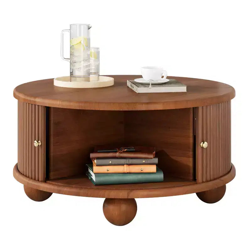 Table basse ronde de rangement rainurée JVNOXK de 31,8 pouces, en bois de pin massif, portes coulissantes, compartiments intérieurs spacieux, durable, finition noyer