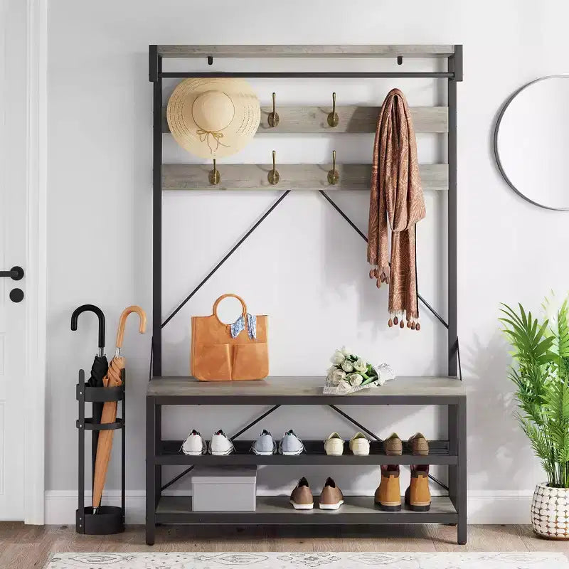 Meuble d'entrée 72 po avec banc à chaussures, rangement aspect bois, barre de suspension et 8 crochets, étagère d'appoint pour manteaux et chaussures