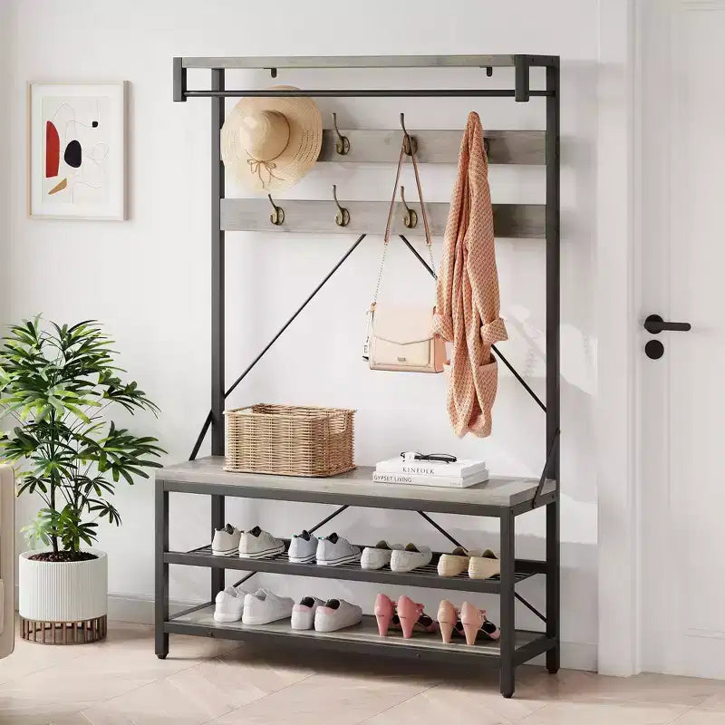 Meuble d'entrée 72 po avec banc à chaussures, rangement aspect bois, barre de suspension et 8 crochets, étagère d'appoint pour manteaux et chaussures