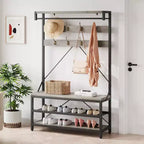Meuble d'entrée 72 po avec banc à chaussures, rangement aspect bois, barre de suspension et 8 crochets, étagère d'appoint pour manteaux et chaussures