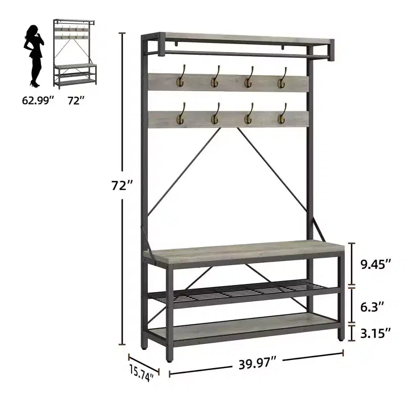 Meuble d'entrée 72 po avec banc à chaussures, rangement aspect bois, barre de suspension et 8 crochets, étagère d'appoint pour manteaux et chaussures