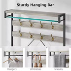 Meuble d'entrée 72 po avec banc à chaussures, rangement aspect bois, barre de suspension et 8 crochets, étagère d'appoint pour manteaux et chaussures