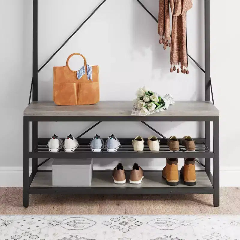 Meuble d'entrée 72 po avec banc à chaussures, rangement aspect bois, barre de suspension et 8 crochets, étagère d'appoint pour manteaux et chaussures