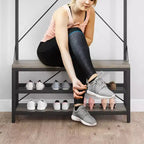 Meuble d'entrée 72 po avec banc à chaussures, rangement aspect bois, barre de suspension et 8 crochets, étagère d'appoint pour manteaux et chaussures