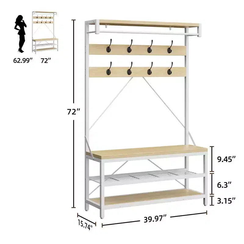 Meuble d'entrée 72 po avec banc à chaussures, rangement aspect bois, barre de suspension et 8 crochets, étagère d'appoint pour manteaux et chaussures