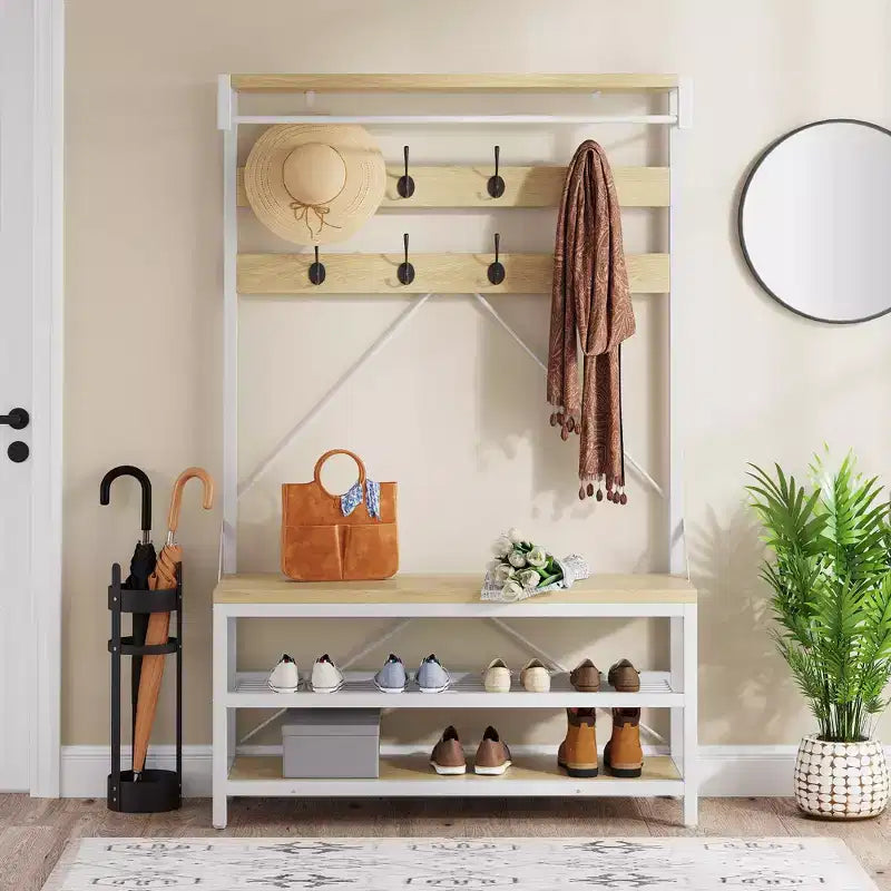 Meuble d'entrée 72 po avec banc à chaussures, rangement aspect bois, barre de suspension et 8 crochets, étagère d'appoint pour manteaux et chaussures