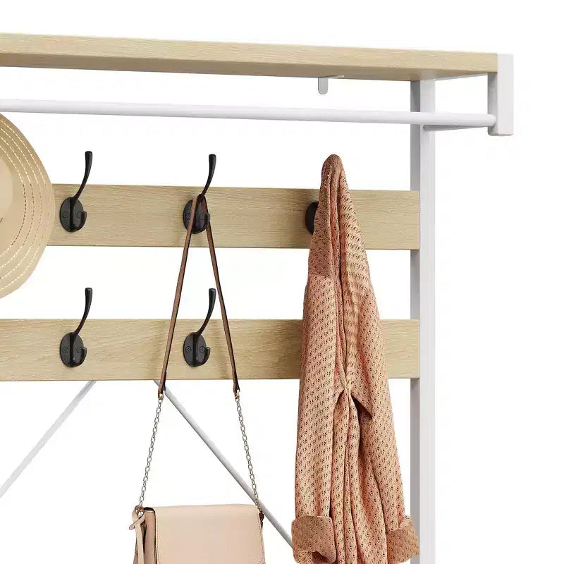 Meuble d'entrée 72 po avec banc à chaussures, rangement aspect bois, barre de suspension et 8 crochets, étagère d'appoint pour manteaux et chaussures