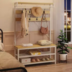 Meuble d'entrée 72 po avec banc à chaussures, rangement aspect bois, barre de suspension et 8 crochets, étagère d'appoint pour manteaux et chaussures