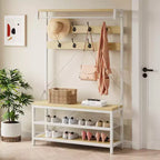Meuble d'entrée 72 po avec banc à chaussures, rangement aspect bois, barre de suspension et 8 crochets, étagère d'appoint pour manteaux et chaussures