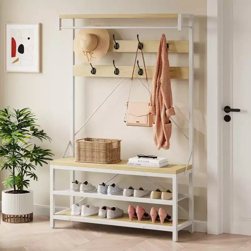 Meuble d'entrée 72 po avec banc à chaussures, rangement aspect bois, barre de suspension et 8 crochets, étagère d'appoint pour manteaux et chaussures