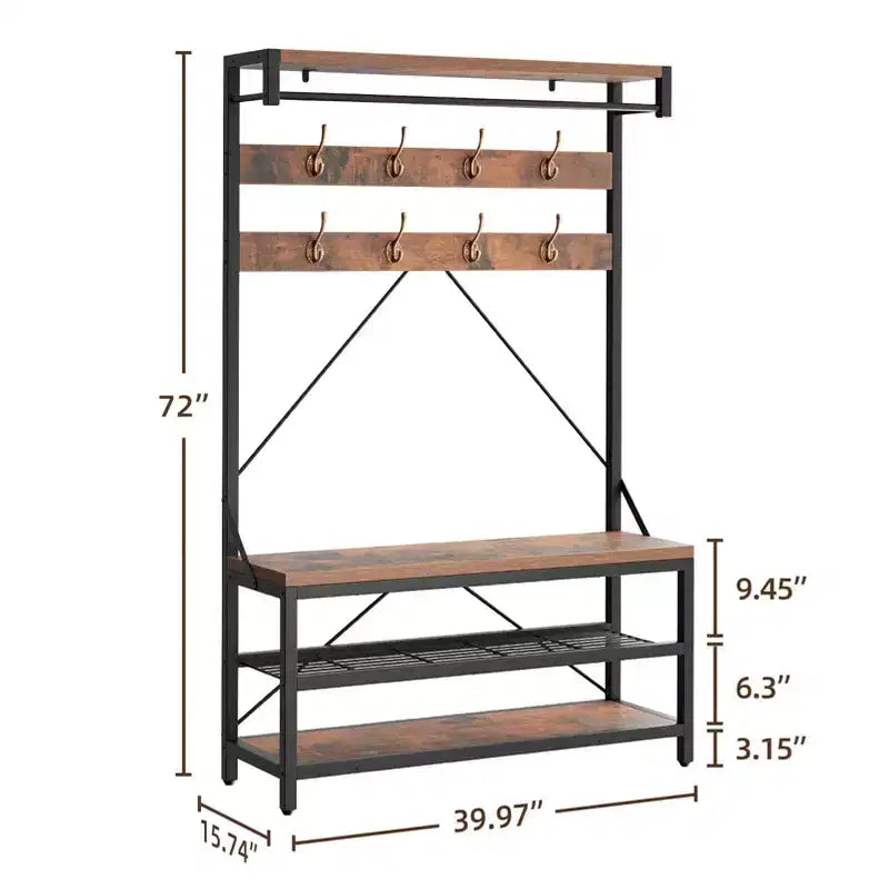 Meuble d'entrée 72 po avec banc à chaussures, rangement aspect bois, barre de suspension et 8 crochets, étagère d'appoint pour manteaux et chaussures