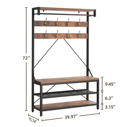 Meuble d'entrée 72 po avec banc à chaussures, rangement aspect bois, barre de suspension et 8 crochets, étagère d'appoint pour manteaux et chaussures
