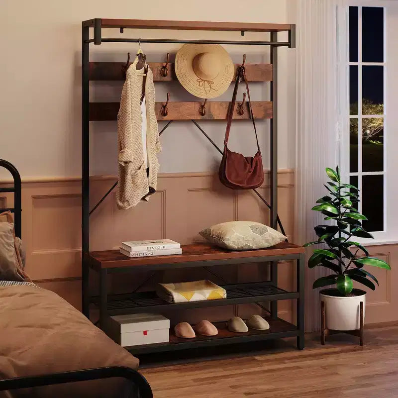 Meuble d'entrée 72 po avec banc à chaussures, rangement aspect bois, barre de suspension et 8 crochets, étagère d'appoint pour manteaux et chaussures