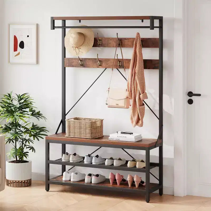 Meuble d'entrée 72 po avec banc à chaussures, rangement aspect bois, barre de suspension et 8 crochets, étagère d'appoint pour manteaux et chaussures