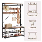 Meuble d'entrée 72 po avec banc à chaussures, rangement aspect bois, barre de suspension et 8 crochets, étagère d'appoint pour manteaux et chaussures