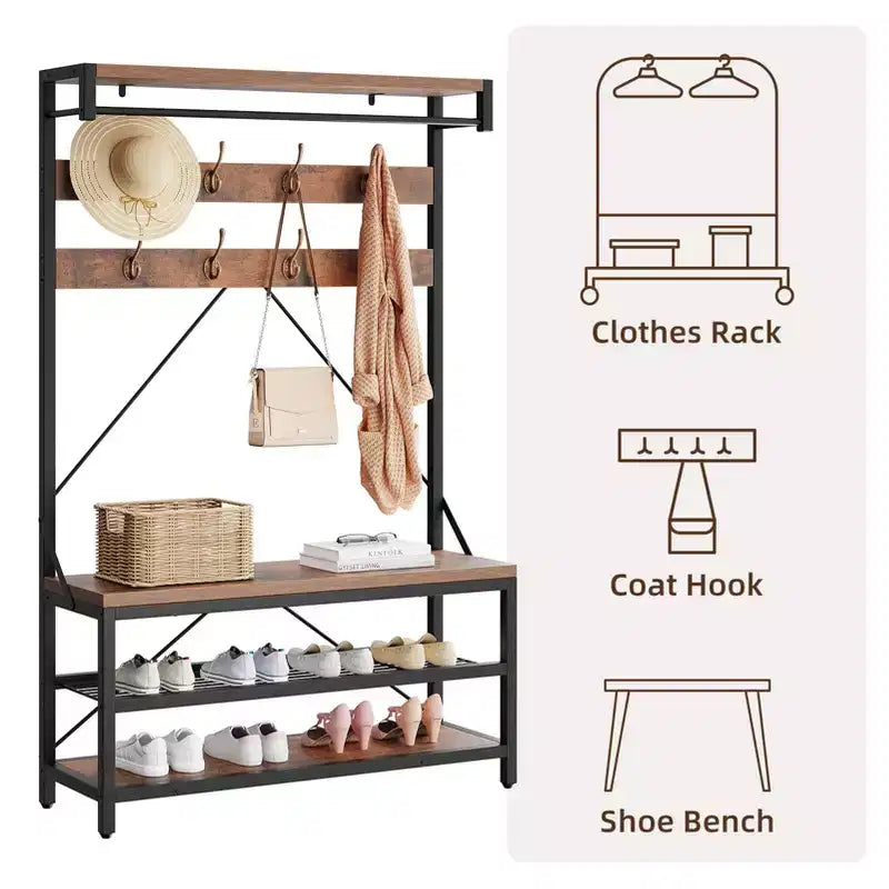Meuble d'entrée 72 po avec banc à chaussures, rangement aspect bois, barre de suspension et 8 crochets, étagère d'appoint pour manteaux et chaussures