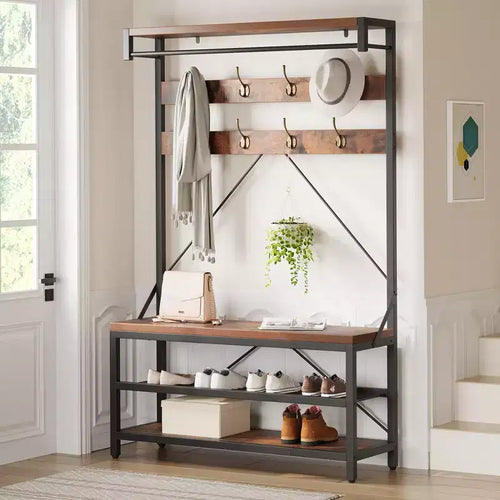 72 Industrial Hall Tree with Shoe Bench,Wood Look Entryway Storage, Hanging Bar & 8 Hooks, Accent Shelf for Coats & Shoes