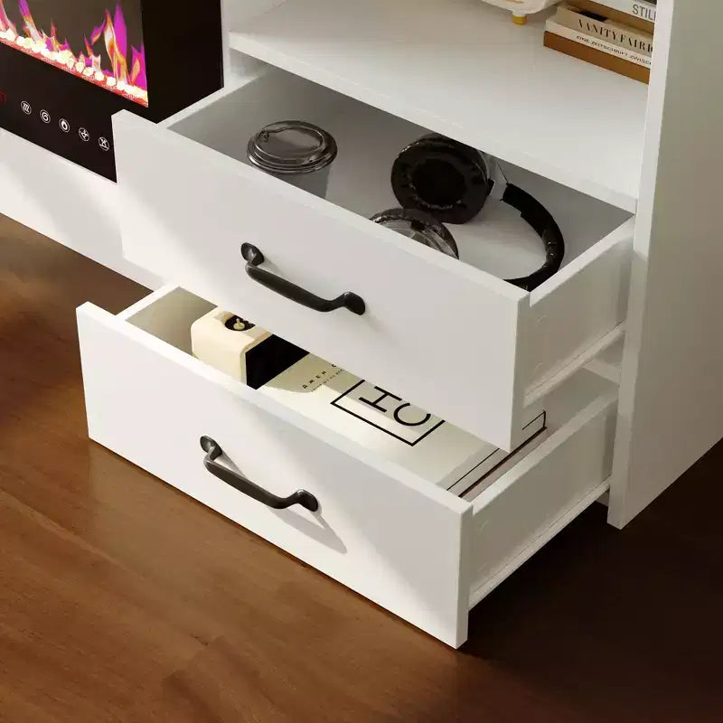 Meuble TV minimaliste bicolore Famapy : Meuble de rangement multiple Élégant meuble TV pour salons (Cheminée électrique en option)