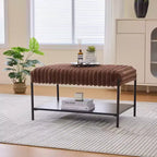 Table basse pouf capitonnée 78 cm, repose-pieds en fausse fourrure, pieds en métal noir, étagère ouverte en bois pour salon, chambre, entrée, hôtel