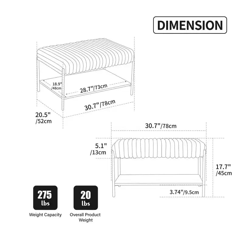 Table basse pouf capitonnée 78 cm, repose-pieds en fausse fourrure, pieds en métal noir, étagère ouverte en bois pour salon, chambre, entrée, hôtel