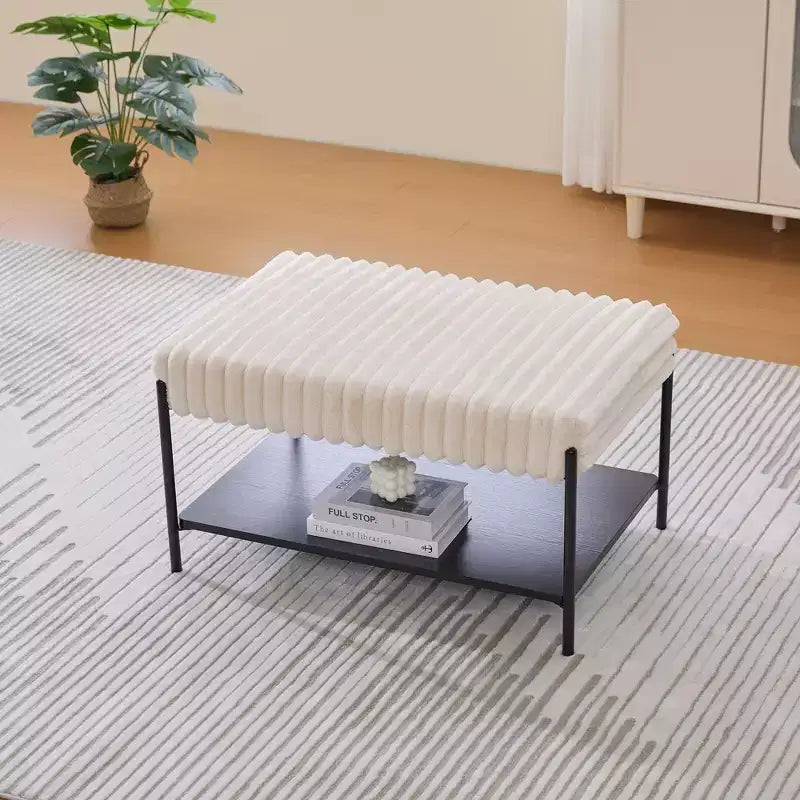 Upholstered Ottoman Coffee Table 30.7, Faux Fur Footstool, Black Metal Legs, Wooden Open Shelf for Living Room, Bedroom, Entry, Hotel