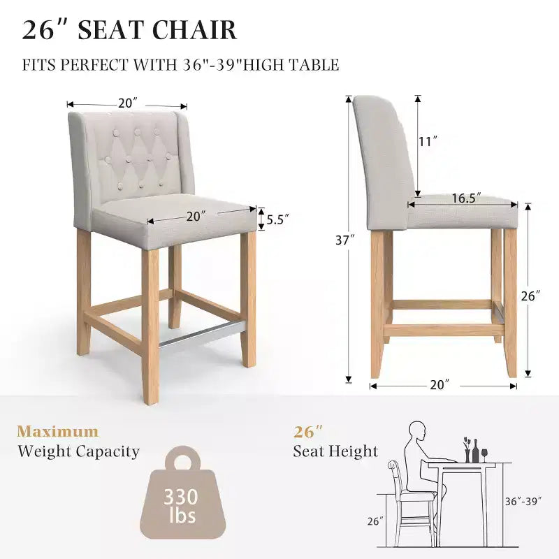 Tabouret de comptoir et de bar EROMMY avec cadre en bois massif et siège rembourré (lot de 2)