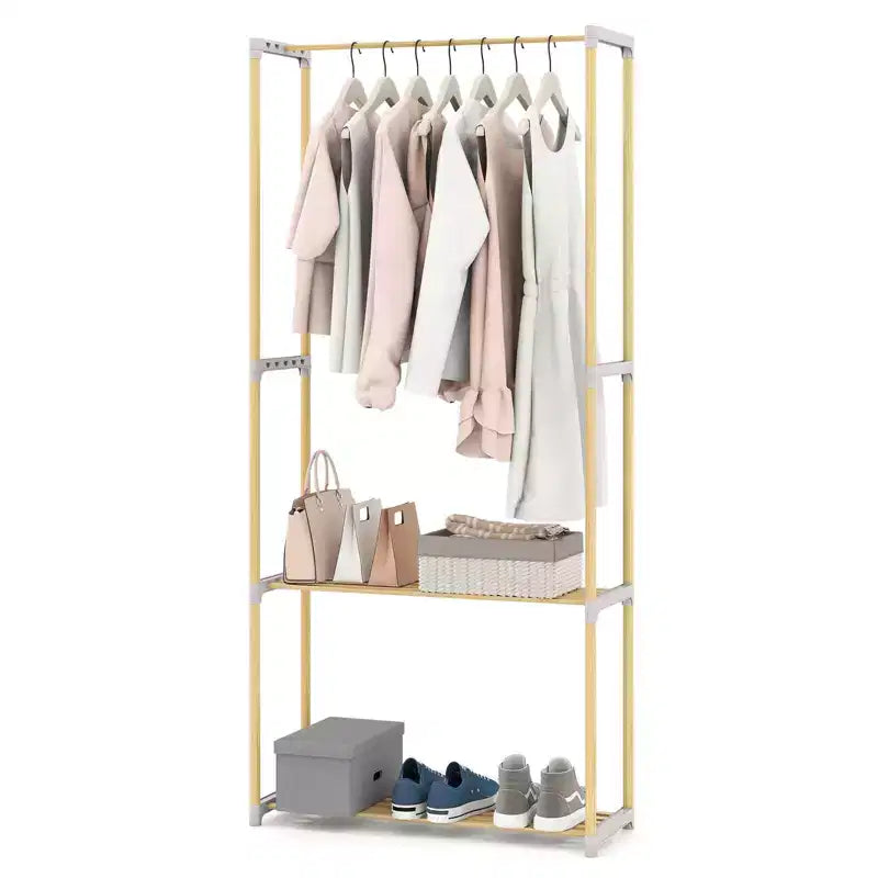Costway Pine Wood Clothes Rack with 2-Tier Open Storage Shelf for Bedroom, Wardrobe Closet Natural and Gray