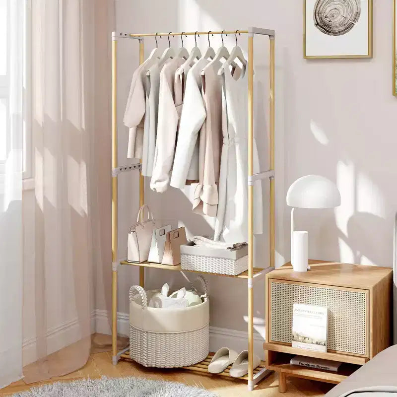 Portant à vêtements Costway en pin avec étagère de rangement ouverte à 2 niveaux pour chambre à coucher, garde-robe naturelle et grise