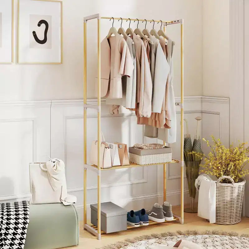 Portant à vêtements Costway en pin avec étagère de rangement ouverte à 2 niveaux pour chambre à coucher, garde-robe naturelle et grise
