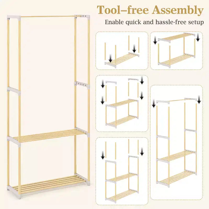 Portant à vêtements Costway en pin avec étagère de rangement ouverte à 2 niveaux pour chambre à coucher, garde-robe naturelle et grise