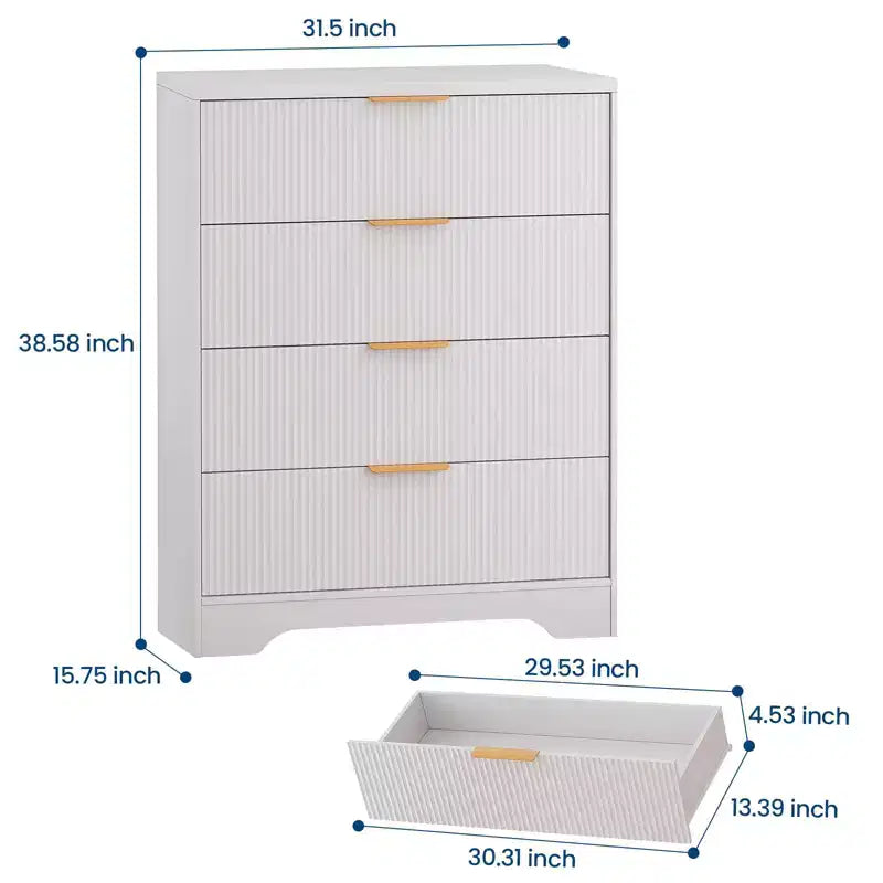 Commode 4 tiroirs, 98 cm de style moderne cannelé avec poignées dorées, rangement polyvalent pour chambre à coucher, salon, couloir et chambre d'enfant