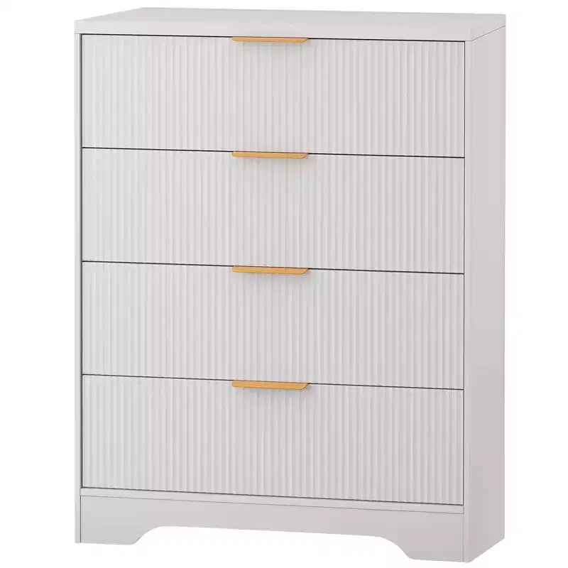 Commode 4 tiroirs, 98 cm de style moderne cannelé avec poignées dorées, rangement polyvalent pour chambre à coucher, salon, couloir et chambre d'enfant