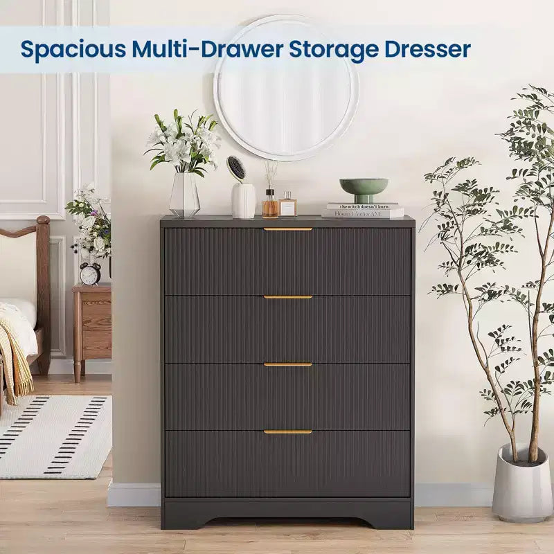 Commode 4 tiroirs, 98 cm de style moderne cannelé avec poignées dorées, rangement polyvalent pour chambre à coucher, salon, couloir et chambre d'enfant