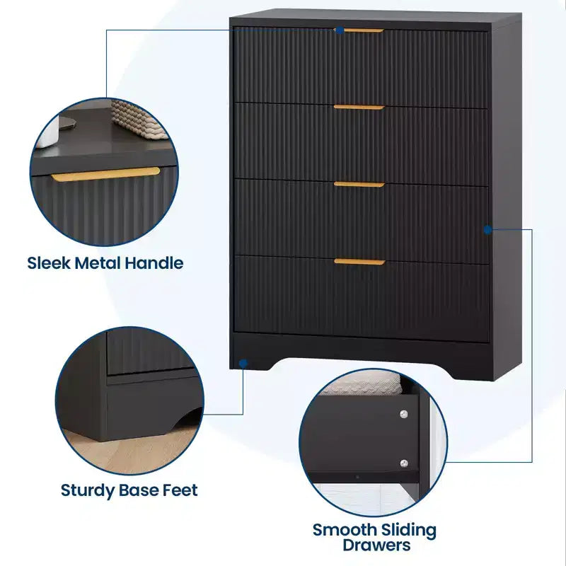 Commode 4 tiroirs, 98 cm de style moderne cannelé avec poignées dorées, rangement polyvalent pour chambre à coucher, salon, couloir et chambre d'enfant