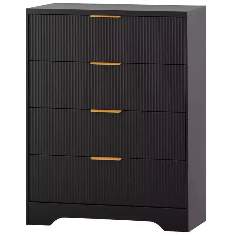 Commode 4 tiroirs, 98 cm de style moderne cannelé avec poignées dorées, rangement polyvalent pour chambre à coucher, salon, couloir et chambre d'enfant