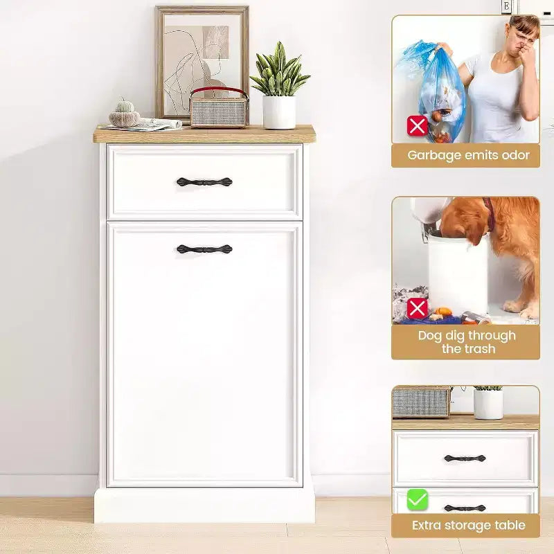 Meuble de rangement pour poubelle basculante - Armoire à poubelle dissimulée, peu encombrante et anti-animaux pour cuisine et salon (Blanc)